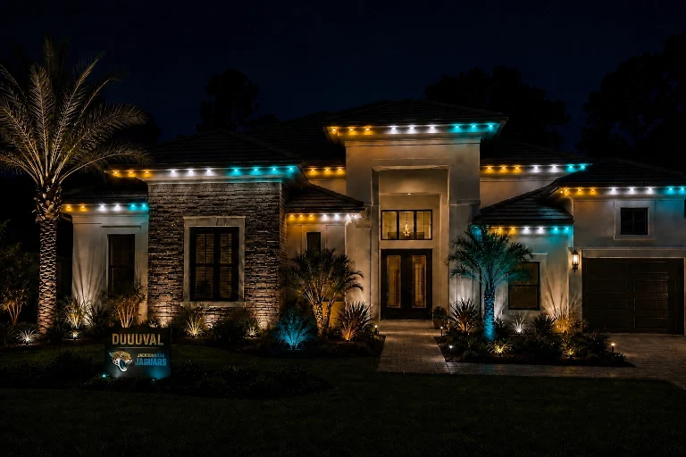Home lit in Jaguars team colors for game day